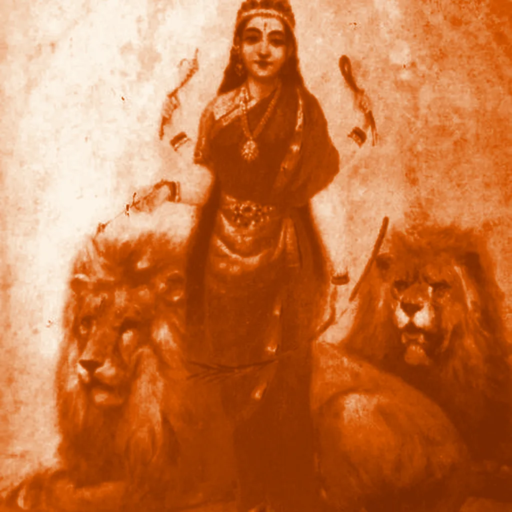 Maa Durga with her lions, after a Raja Ravi Varma painting, in the site's orange duotone